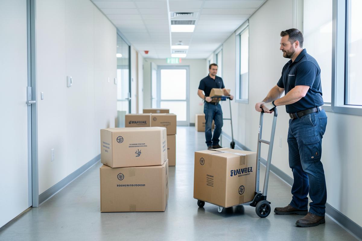 Office relocation with labeled packing boxes